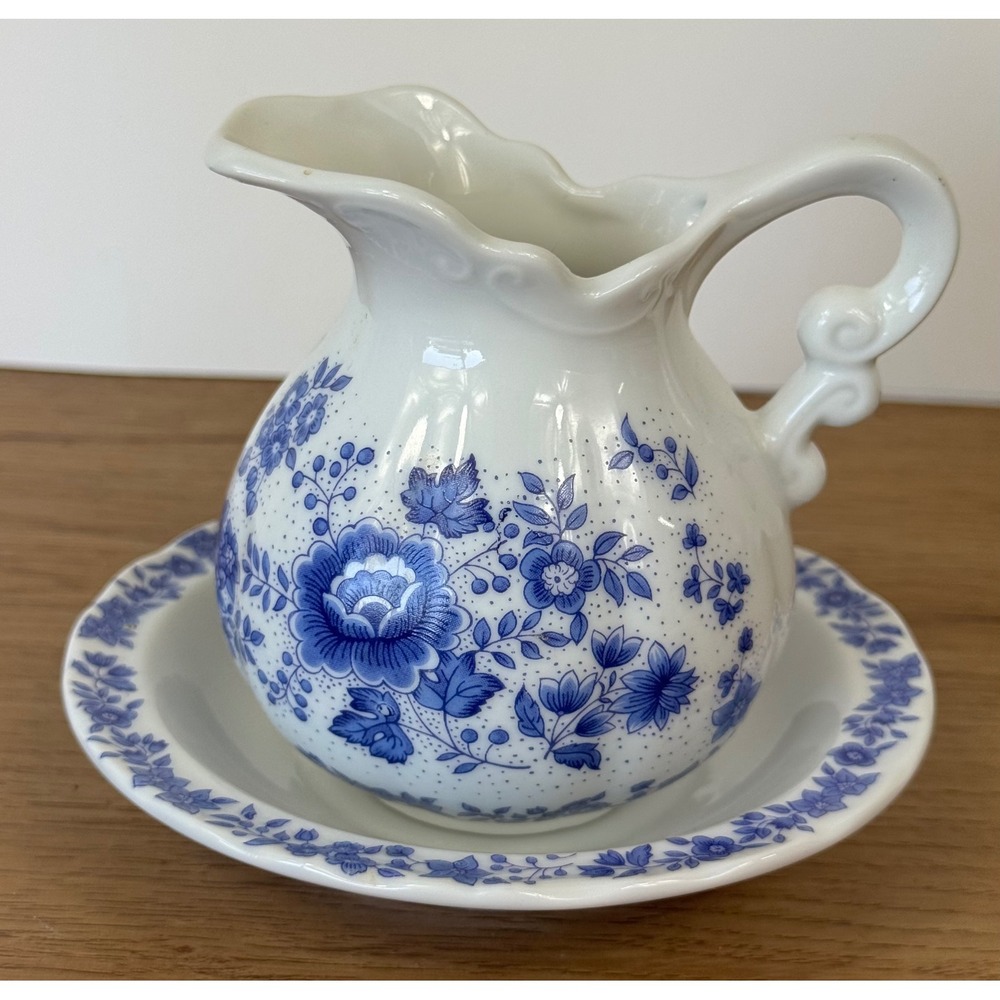Vintage Mini Pitcher and Saucer Set Blue White Floral Ceramic Made in Japan